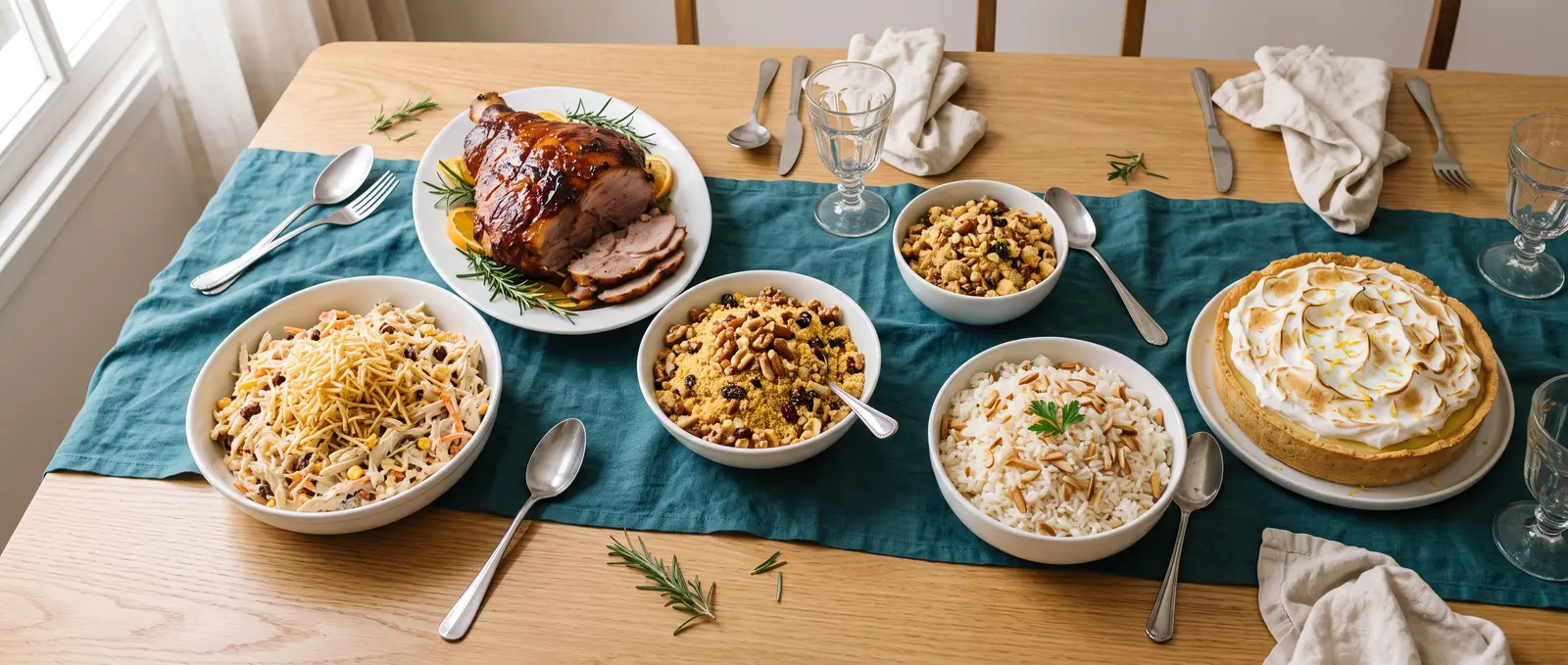 Mesa de festa com pernil assado, salpicão, farofa, arroz com amêndoas e torta de limão