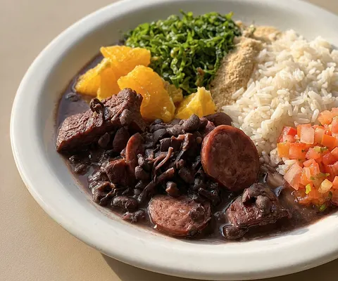 Feijoada com arroz, couve, farofa, laranja e vinagrete